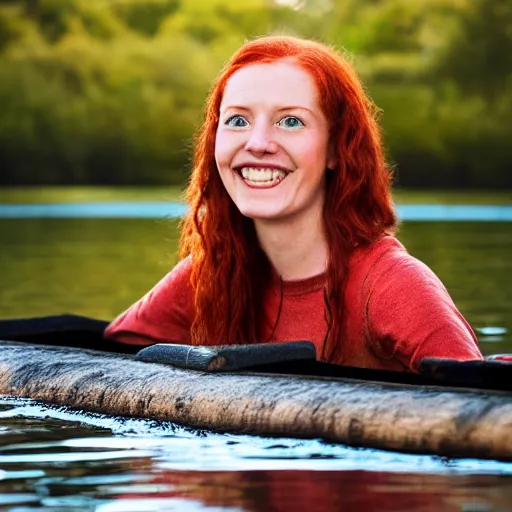 Image similar to tall beautiful red haired scottish woman, smiling on a raft in a lake, 4 k, early morning, mist, photorealism, professional photography