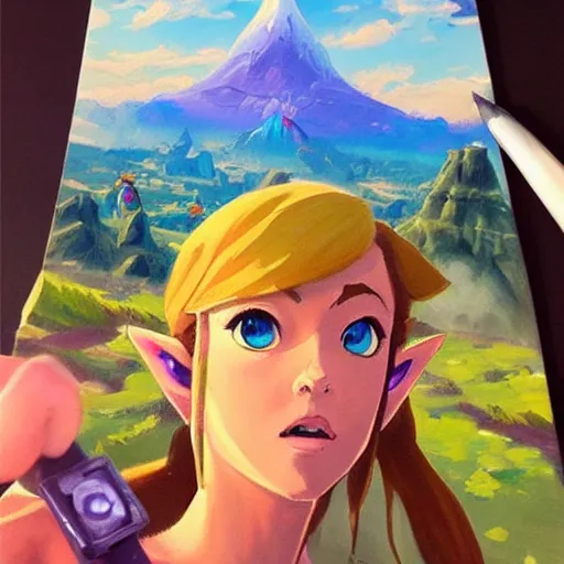 Prompt: oil painting of zelda breath of the wild, mountain in the background. beautiful, rpg, dnd, artgerm, disney, pixar