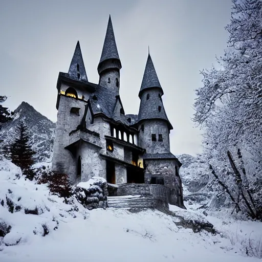 Image similar to vampire's castle in the mountains, snowy