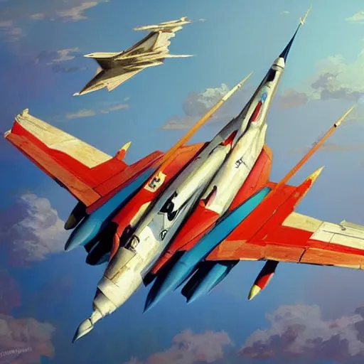 Image similar to Mikoyan MiG-29 soaring in the clouds, highly detailed, digital painting, artstation, concept art, sharp focus, illustration, art by artgerm and greg rutkowski and alphonse mucha