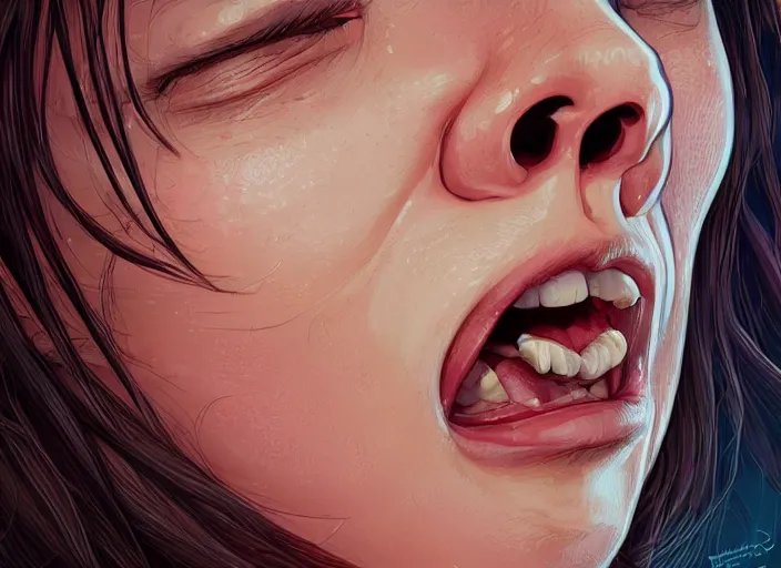 Prompt: wide open wife mouth, close - up, cry, defiant, full lips, light effect, hyper detailed, intricate, elegant, highly detailed, digital painting, artstation, concept art, matte, sharp focus, illustration, by dan mumford, yusuke murata, makoto shinkai, ross tran