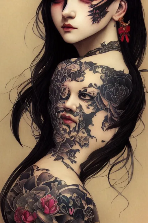 Image similar to portrait of goth yakuza girl tattoos, intricate, elegant, highly detailed, digital painting, artstation, concept art, smooth, sharp focus, illustration, art by artgerm and greg rutkowski and alphonse mucha and william-adolphe bouguereau