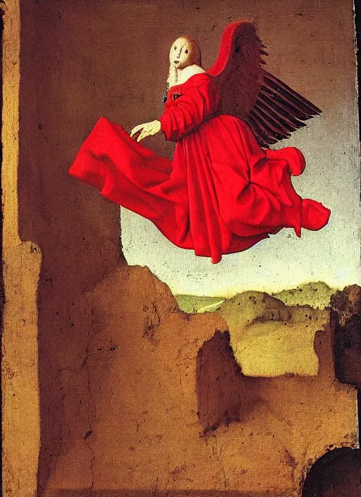 Image similar to Flying Fallen Angel with wings dressed in red, Medieval painting by Jan van Eyck, Johannes Vermeer, Florence