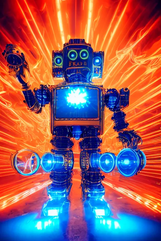 Image similar to portrait photo of a giant huge golden and blue metal futuristic steampunk robot covered with multicolored big gears and tubes, robot holds a red fender stratocaster, eyes are glowing red lightbulbs, shiny crisp finish, 3 d render, 8 k, insaneley detailed, fluorescent colors, background is multicolored lasershow