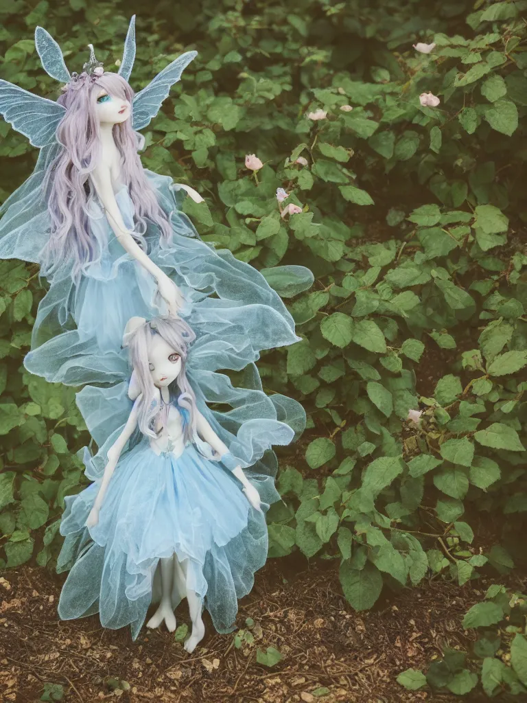 Image similar to cute fumo plush girl among vines in the middle of a foggy rose garden under a blue sky, beautiful glowing ethereal gothic magical wraith fairy girl with dark eyes, tattered dress, bokeh, vray