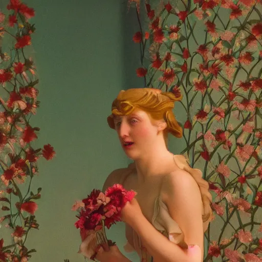 Prompt: flowers exploding in her face, film still by wes anderson, depicted by canova, limited color palette, very intricate, art nouveau, highly detailed, lights by hopper, soft pastel colors, minimalist