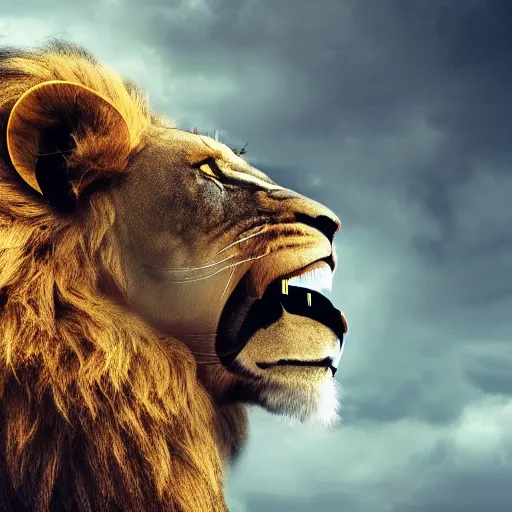 Image similar to mighty lion roaring with king crown on head. Digital art, cinematic, dramatic, high detail, photographic, sharp focus, illustration, HD, 8k