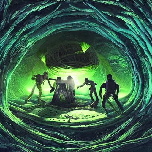 Prompt: a crew of space explorers enter inside a alien nest full of hatching eggs, dark cave, green bioluminescent light, futuristic, realistic, highly detailed, real picture