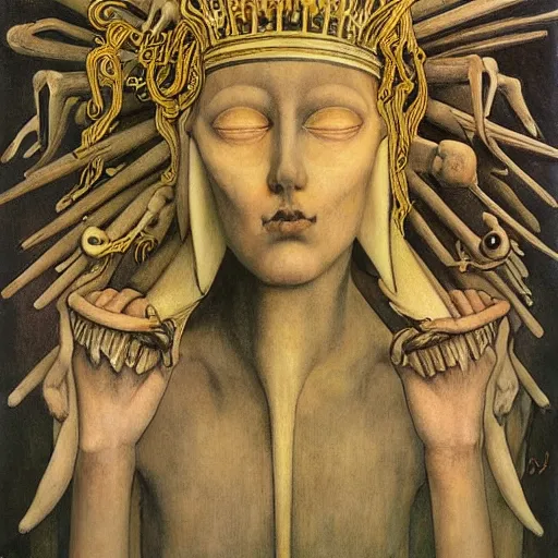 Image similar to weeping robot wearing the bone crown, by Annie Swynnerton and Diego Rivera and Evelyn De Morgan, symbolist, dramatic lighting, elaborate geometric ornament, Art Brut ,god rays, soft cool colors,smooth, sharp focus, extremely detailed, Adolf Wölfli