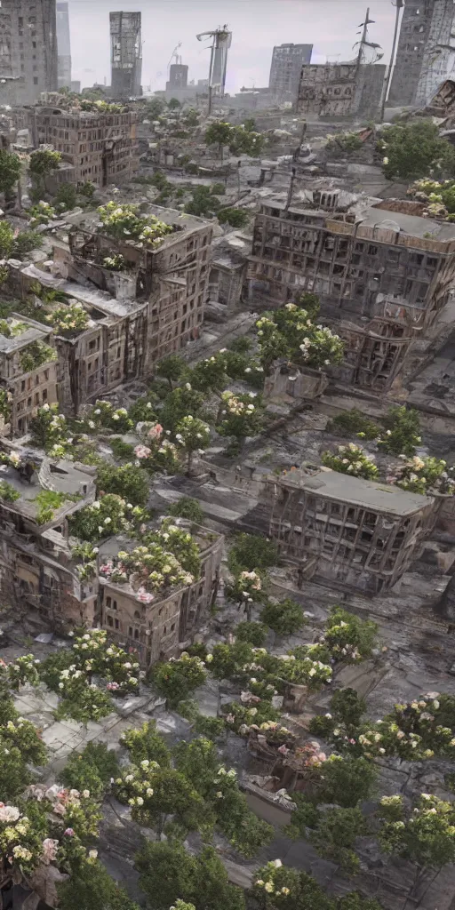 Prompt: a photorealistic city scape of buildings that are old and distressed with flowers growing out of the rubble, render in unreal engine 5,