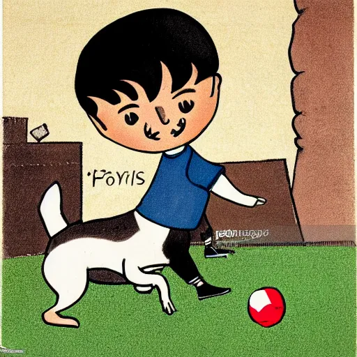 Image similar to book illustration of a french boy on the streets of paris playing football against a corgi, the dog is wearing a polka dot scarf, 1 9 6 6