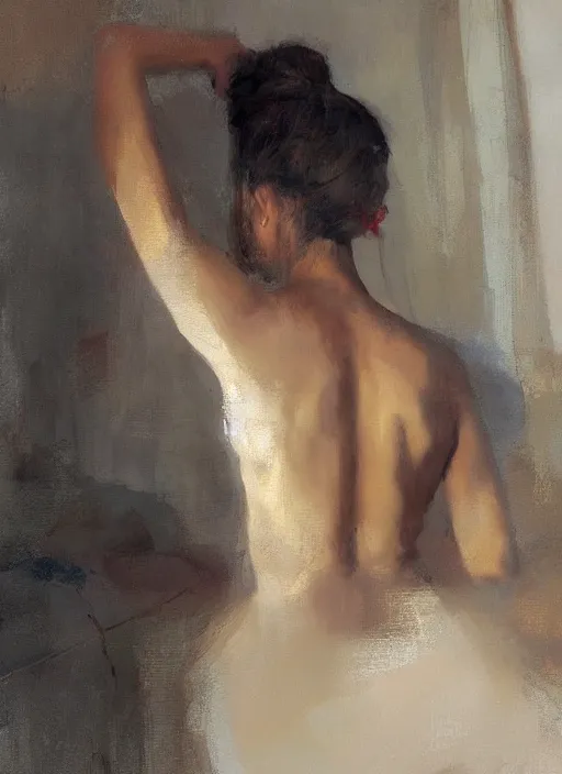 Image similar to beautiful portrait painting of a woman with a bun posing in an artistic pose over a bed, by jeremy mann, only one head single portrait