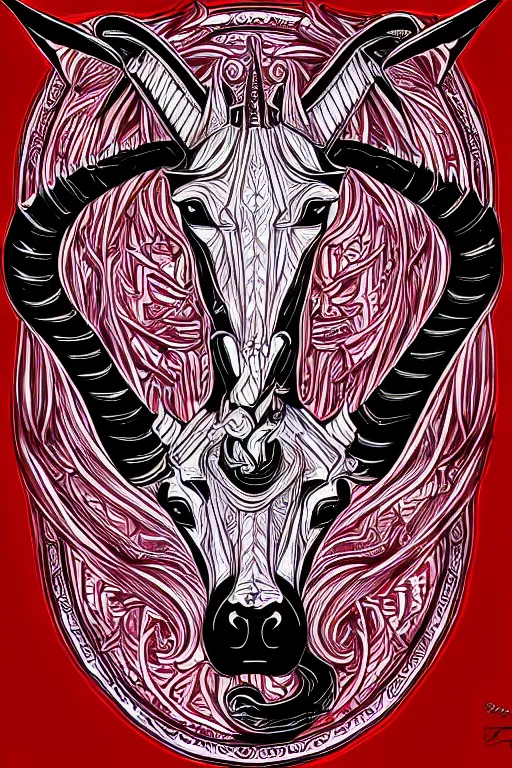 Image similar to satanic unicorn, symmetrical, highly detailed, digital art, sharp focus, trending on art station, red and black