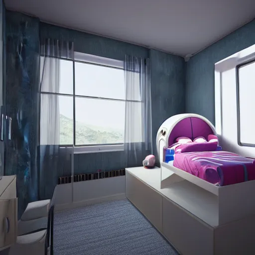 Prompt: bedRoom of a spacecraft, with a bunk bed, photo realistic, playing, CGI, Unreal Engine, Hdri