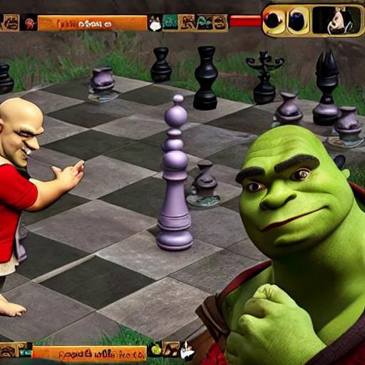 Prompt: Shrek Plays Chess with Kratos