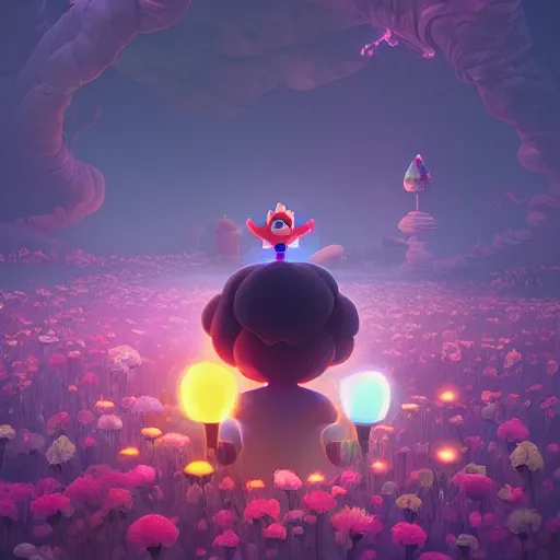 Prompt: beautiful dark landscape, Princess peach, and Mario heads with glowing eyes, beautiful flowers growing in the style of beeple and Mike Winkelmann, intricate, epic lighting, cinimatic composition, hyperrealistic, 8k resolution,