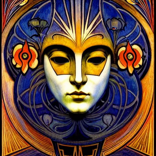 Prompt: masterpiece painting of a facemask made of stylized flowers, by annie swynnerton and jean delville and tino rodriguez and john watkiss, flower mask, art deco shaman, art brut, symbolist, dramatic lighting, god rays, elaborate geometric ornament, clean crisp graphics, soft cool colors, smooth, sharp focus, extremely detailed