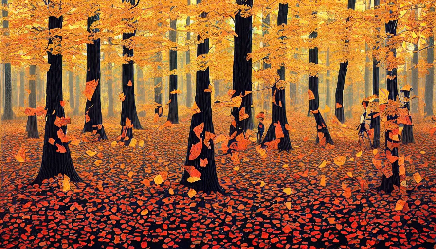 Image similar to safety cones scattered around an oak tree forest, checkered forest floor, by james jean by ilya kuvshinov kintsugi, hyper detailed surrealist painting