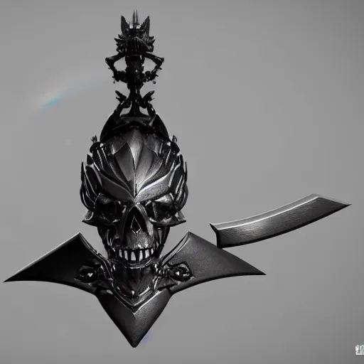 Image similar to a black great sword skull crest, sharp tip, ornament, weapon, a 3 d render by dom qwek, studio lighting, front side view full sheet, trending on polycount, artstation, hard surface modeling, rendered in maya, 3 ds max, blender, artstation hd, vray