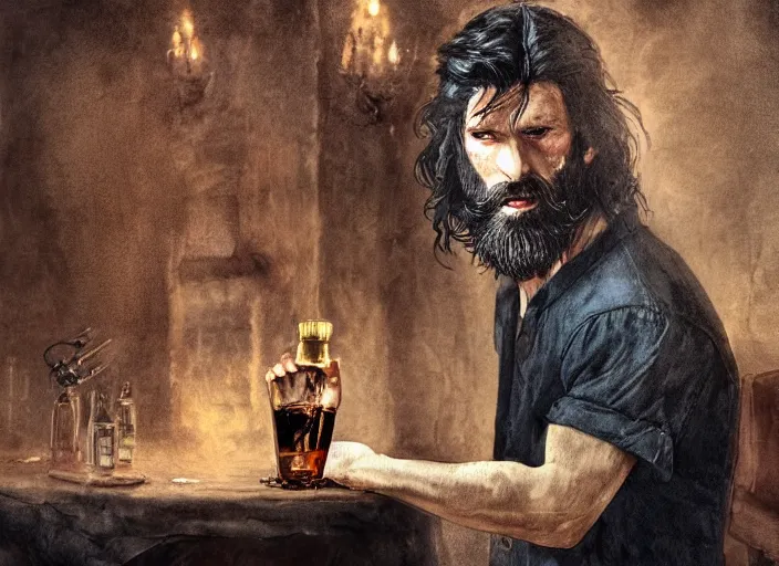 Image similar to A handsome Frenchman with beard and long black hair toasting with the devil drinking whiskey, watercolor, dramatic lighting, cinematic, establishing shot, extremely high detail, foto realistic, cinematic lighting, digital art, vector, by Yoshitaka Amano, Ruan Jia, Kentaro Miura, Artgerm, post processed, concept art, artstation, matte painting, style by eddie mendoza, raphael lacoste, alex ross