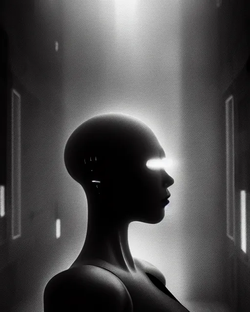 Prompt: black and white high quality photo of a beautiful female AI cyborg looking into a sci-fi mirror, volumetric lighting, liminal space, brutalism, foggy, dreamy, hyperdetailed, bokeh, photorealistic, cinematic, masterpiece, Metropolis, elegant, dark, octane render, 8K, in the style of H.R. Giger