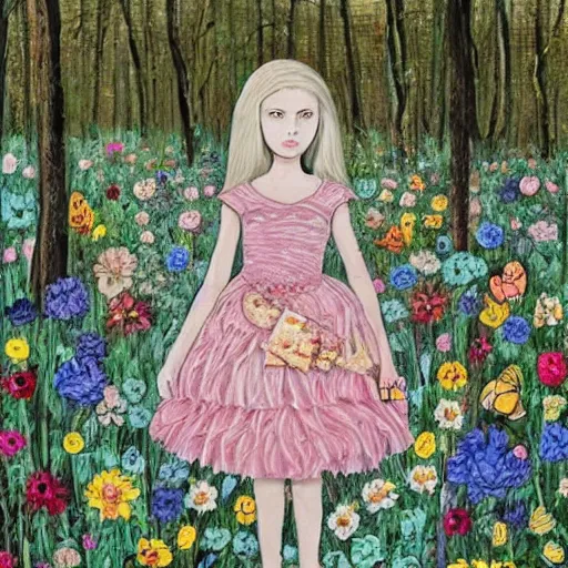 Image similar to beige by eleanor vere boyle, by bordalo ii bold, straight. a computer art of a young girl with blonde hair, blue eyes, & a pink dress. she is standing in a meadow with flowers & trees.