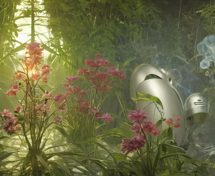 Prompt: simplicity, transparent clear see - through image of simple robots, lush botany, floral environment, ultra realistic, concept art, minimalism, photorealistic, octane render, 8 k, unreal engine. art by gustave dore and nori inoguchi and sam kaplan and zachary goulko and christopher marley and artgerm and alphonse mucha