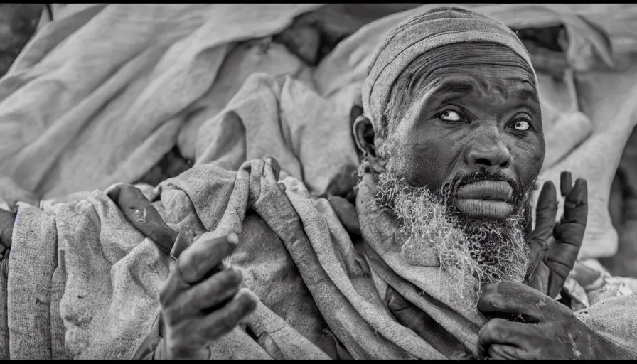 Prompt: movie still by djibril diop mambety of a man in flesh drapery in a barque on a river, leica sl 2 5 0 mm, heavy grain, high quality, high detail