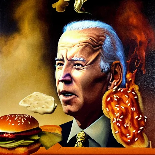 Prompt: surreal portrait of Joe Biden emerging from deep shadows eating hamburger, face partially melting LSD effect, xtra onions and ketchup, luscious patty with sesame seeds, figure in the darkness of renaissance, serving big macs, Francisco Goya, painted by John Singer Sargant, Adrian Ghenie, style of Francis Bacon, highly detailed, 8k, trending on artstation