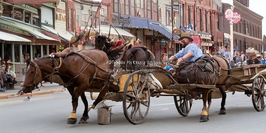 Prompt: huge cowboy pushing a wagon on a busy old west Main Street in the style of Fredrick Remington