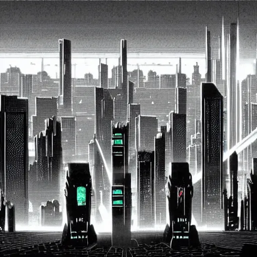 Prompt: 80's cyberpunk skyline, monolithic megastructures, beams of light, in the style of Akira