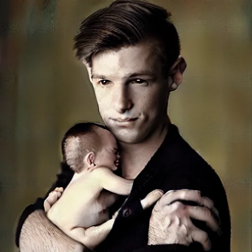 Prompt: annie leibovitz portrait of a young man, pale skin, short dark hair, holding a tiny baby black wolf