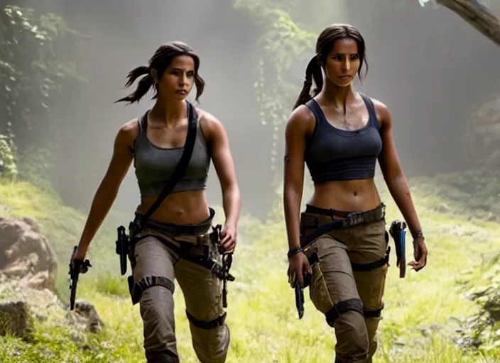 Image similar to film still of!!!! naomi scott!!! as lara croft in new tomb raider movie, 8 k