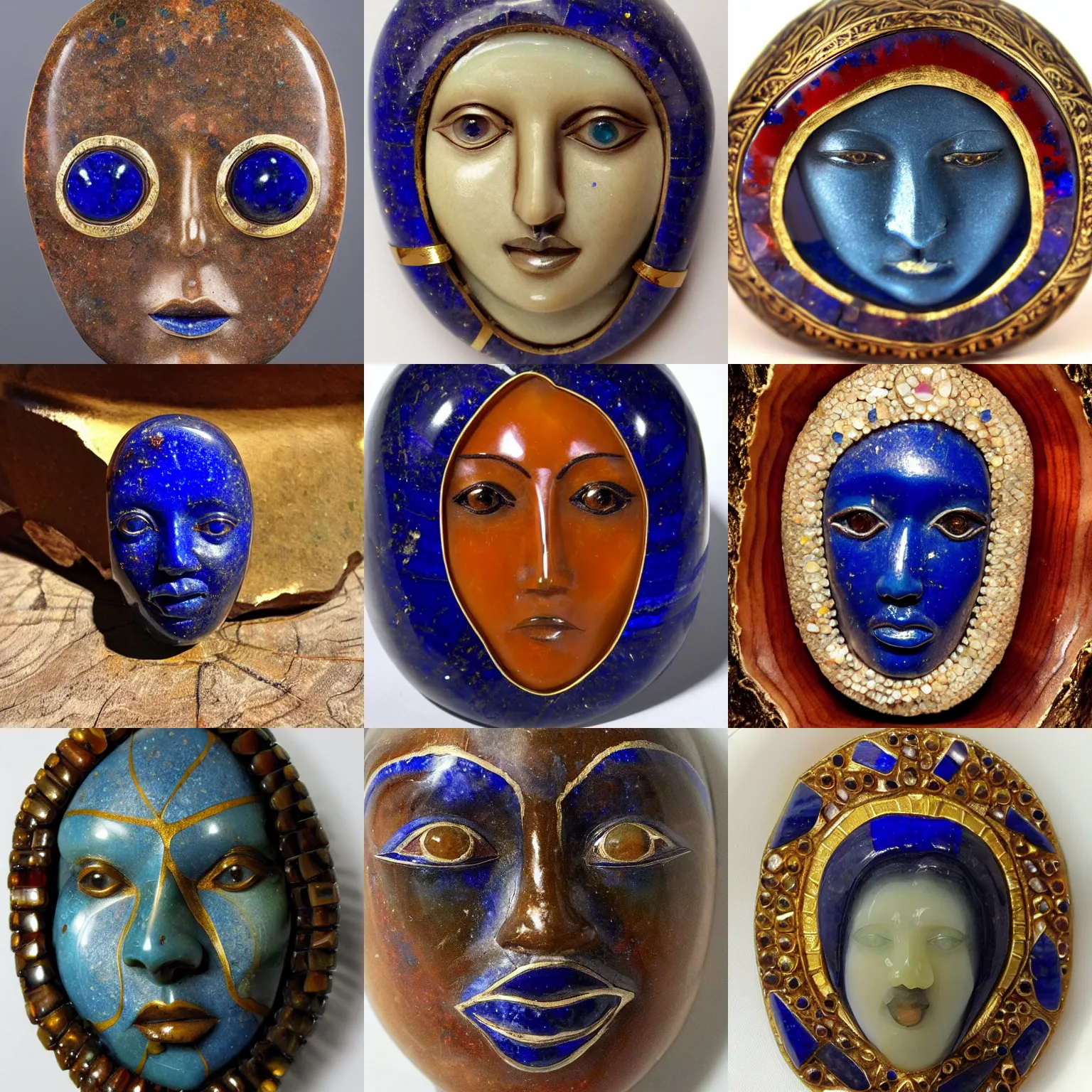 Prompt: medium - shot professional museum photo of a face!! carved in semi precious stones, lapis lazuli!!, banded agate!!, gem stones, crystals, gold, treasures, female face