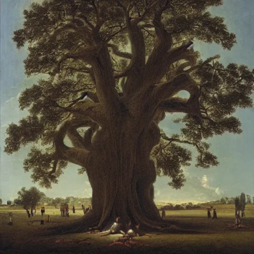 Image similar to huge tree with a lot of hanged bodies, southern gothic art, 1 9 th century scene, painted by friedrich caspar david