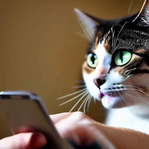 Image similar to cat texting on phone, photo, detailed, 4 k