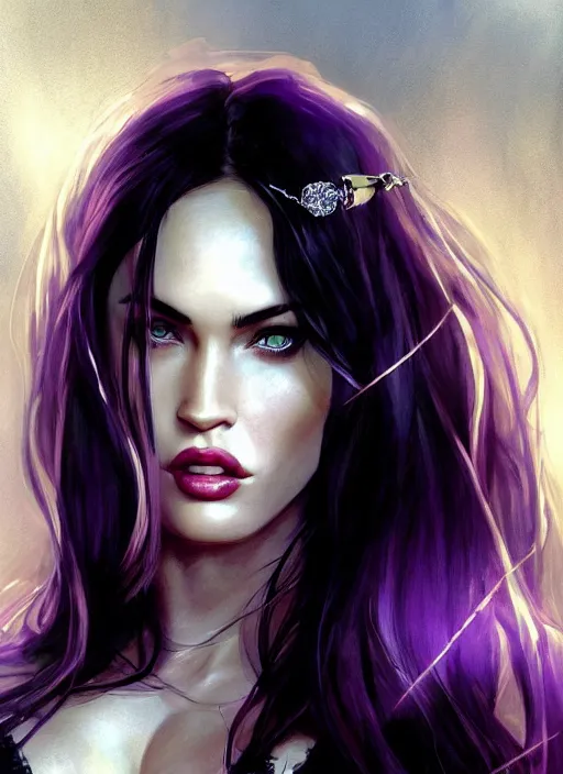 Prompt: portrait of megan fox as a sexy sultry vampire queen, jewelry, greek, amethyst, intricate, headshot, key visual, conceptart, ambient lighting, highly detailed, digital painting, artstation, concept art, sharp focus, by makoto shinkai and akihiko yoshida and greg manchess