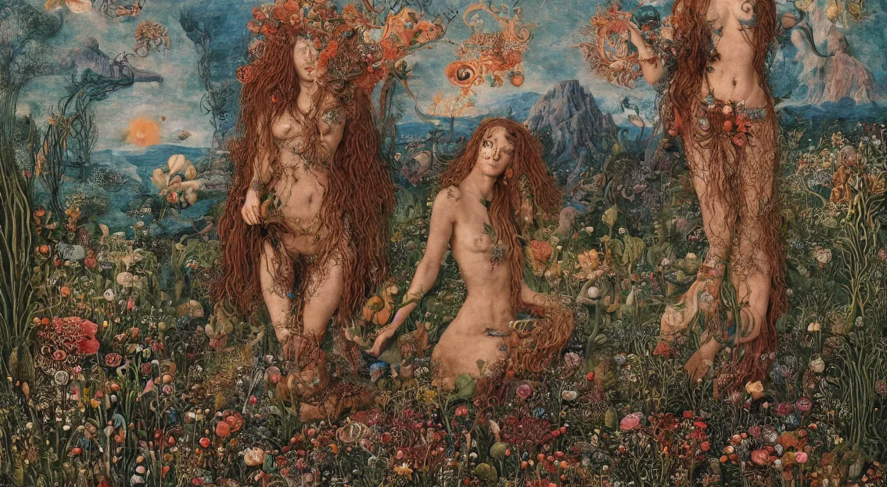 Prompt: a meditating druid mermaid surrounded by flowers. her skin is covered in scales and feathers. landscape with mountains, river and burning stars. painted by jan van eyck, max ernst and ernst haeckel, trending on artstation, 8 k, award winning, hard lighting, fashion editorial, mythology, photorealistic, ernst fuchs, bodhisattva, burning fires