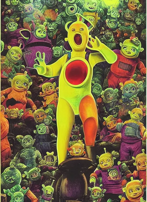 Prompt: disgusting teletubbies horror movie poster, grotesque, scary, high details, intricately detailed, by vincent di fate, artgerm julie bell beeple, inking, 1990s, vintage 90s print, screen print