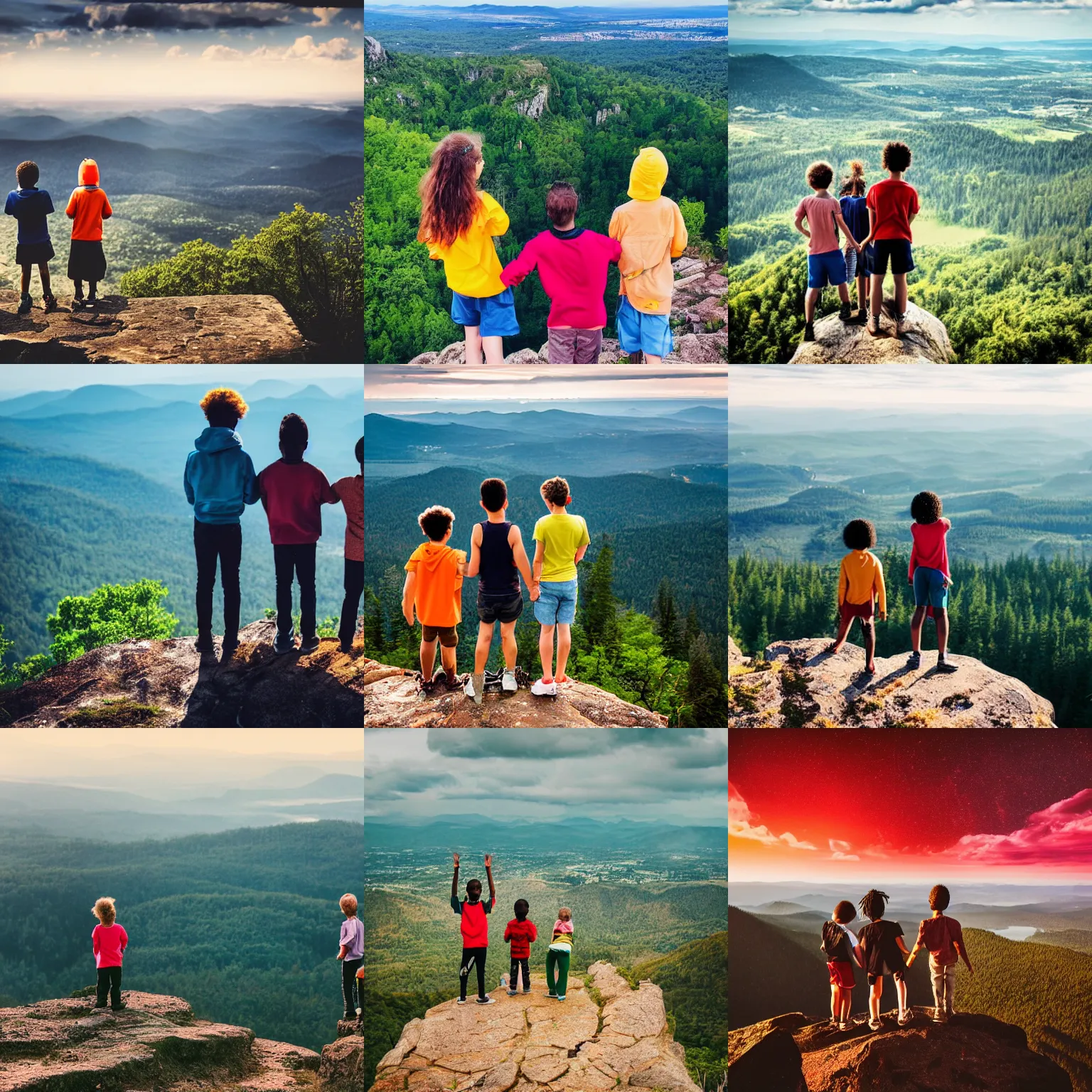 Prompt: three inner city kids standing on the edge of a mountain overlooking a vast Forest with a glowing City on the horizon , epic photography, epic landscape, cheerful, hopeful,