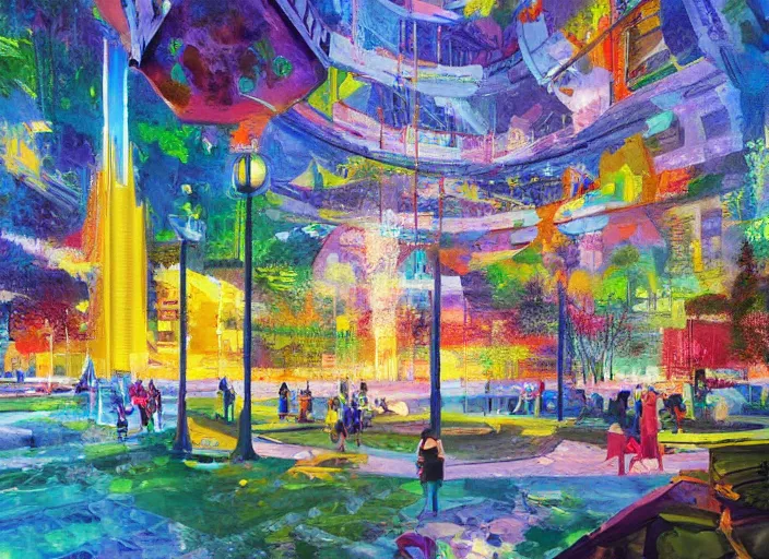 Image similar to bright beautiful oil painting of a futuristic city park by Alexander Labas