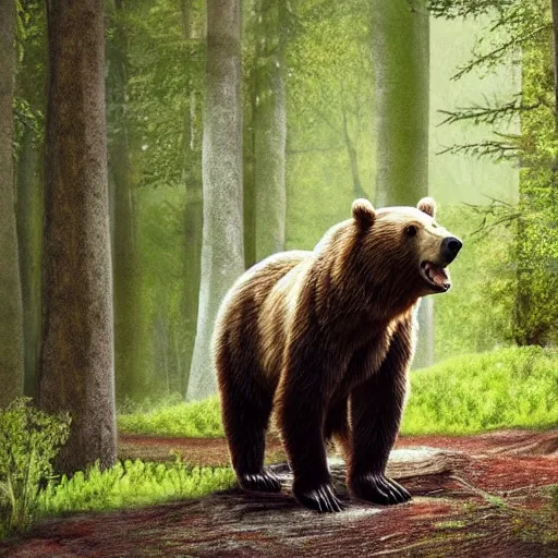 Prompt: a brown bear howling standing up in the middle of a glade in the forest, hyper realistic