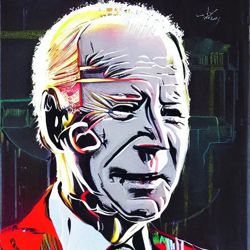 Image similar to Joe Biden full body portrait, Techwear, Cyberpunk, painting by Ralph Steadman, Francis Bacon, Hunter S Thompson