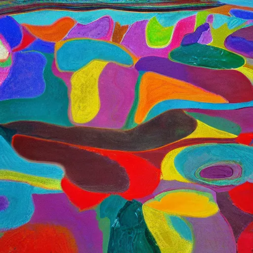 Prompt: drip land art that is both chaotic and beautiful. A multitude of colors and shapes in a constant state of motion. The viewer's eye is drawn to the center of the land art, where a large, swirling mass of color and light dominates the composition. energy and movement. by Richard Diebenkorn ordered
