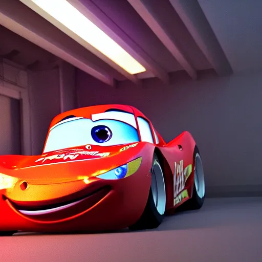 Image similar to lightning mcqueen ray - tracing render, unreal engine, 3 d, atmospheric light, godrays, award - winning, maya, blender