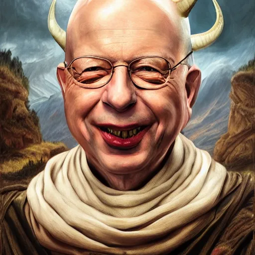 Prompt: a detailed fantasy character painting of Klaus Schwab with devil horns on his head, he has a forked tongue like a snake and black eyes, holding a lamb, dressed like Jesus Christ, by lauri blank, artgerm, evelyn de morgan, 8K, 50mm lens