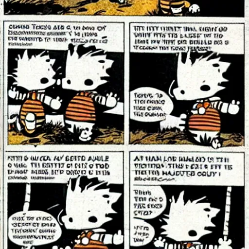 Image similar to calvin and hobbes got really dark all of a sudden. newspaper strip from the 1 9 8 0 s