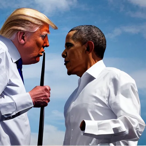 Image similar to obama and donald trump sword fight