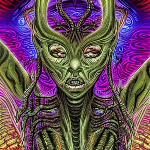 Image similar to closeup of an adorable cyber demoness, cute, eldritch woman abomination of unimaginable horror by alex grey and junji ito, speculative evolution, psychedelic illustration