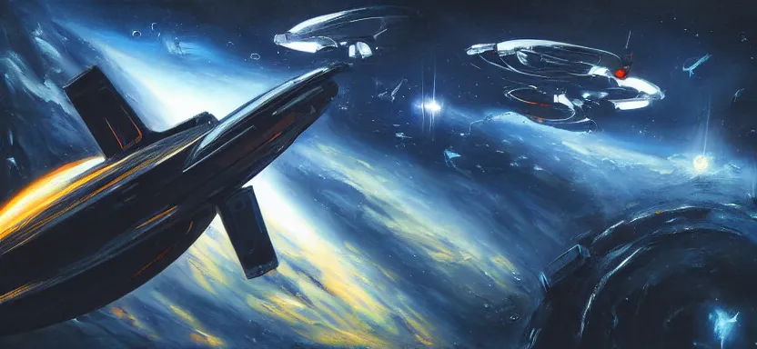 Prompt: beautiful masterpiece painting of spaceship in space, cyberpunk, by juan ortiz 8k
